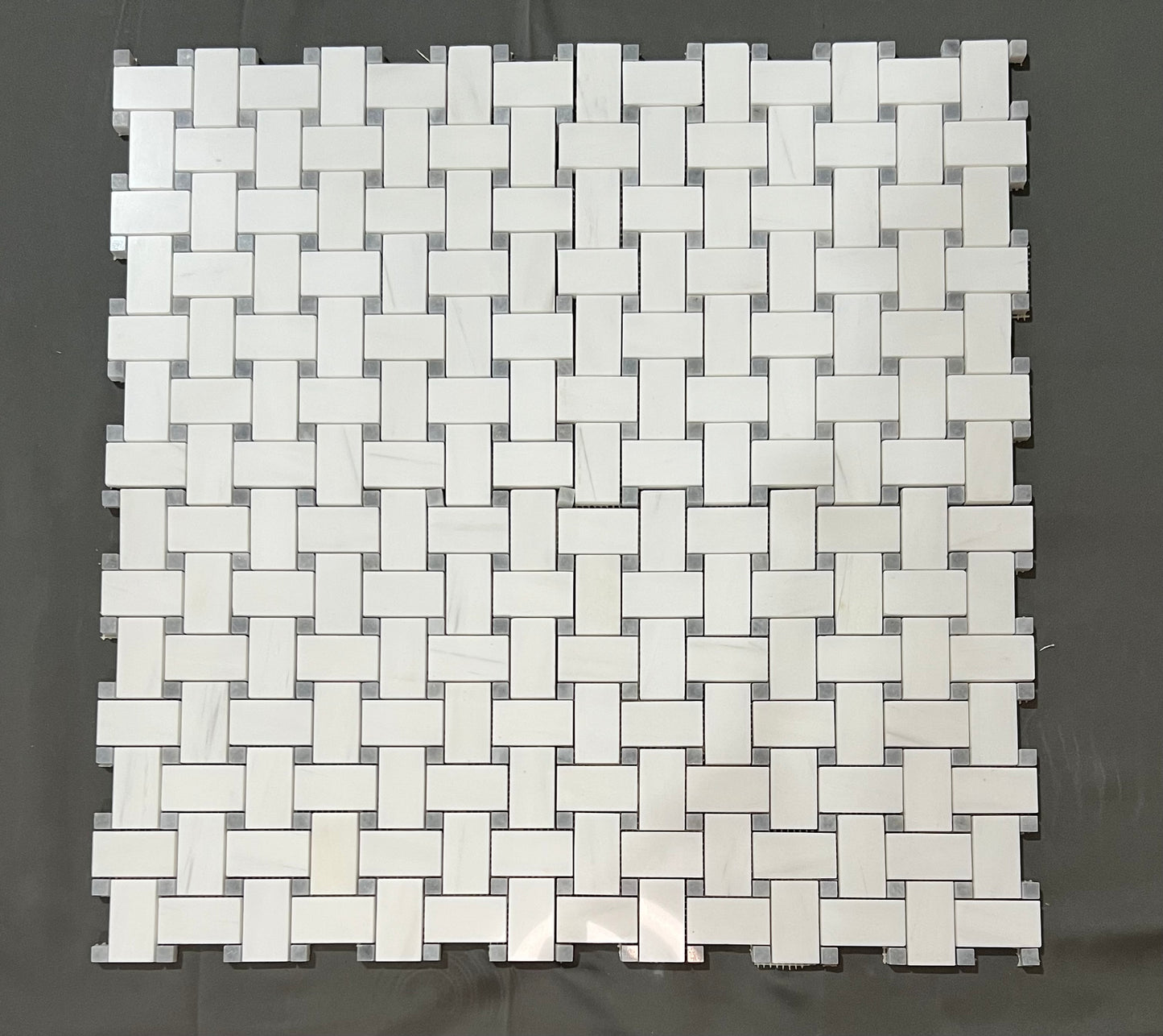 Bianco Dolomite 1x2 Basketweave Mosaic with Gray Dot