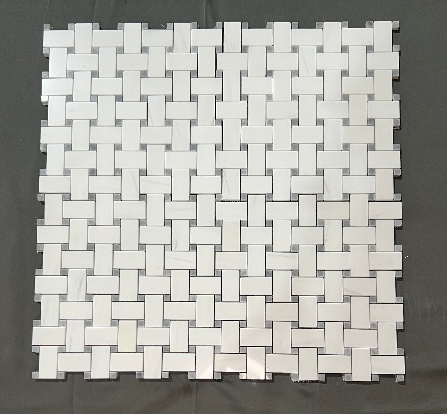 Bianco Dolomite 1x2 Basketweave Mosaic with Gray Dot