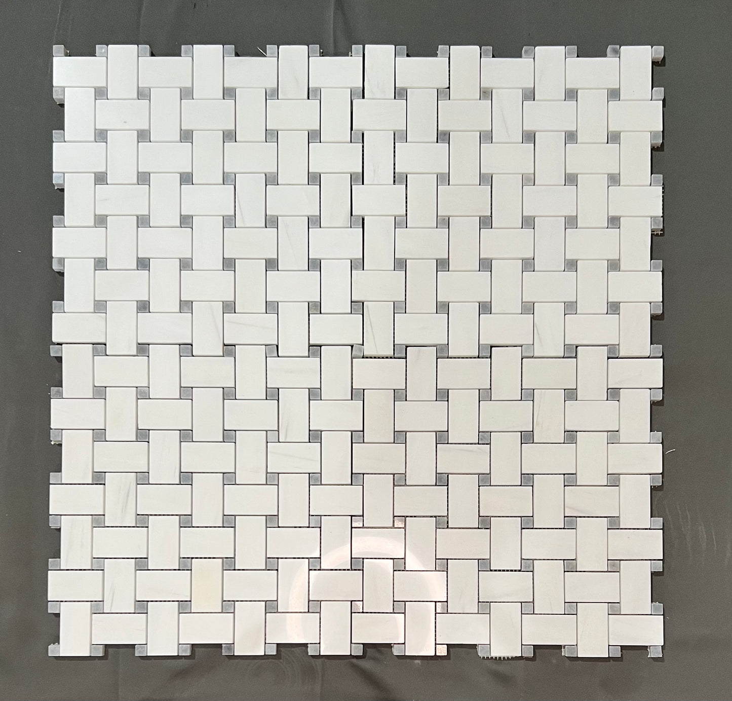 Bianco Dolomite 1x2 Basketweave Mosaic with Gray Dot